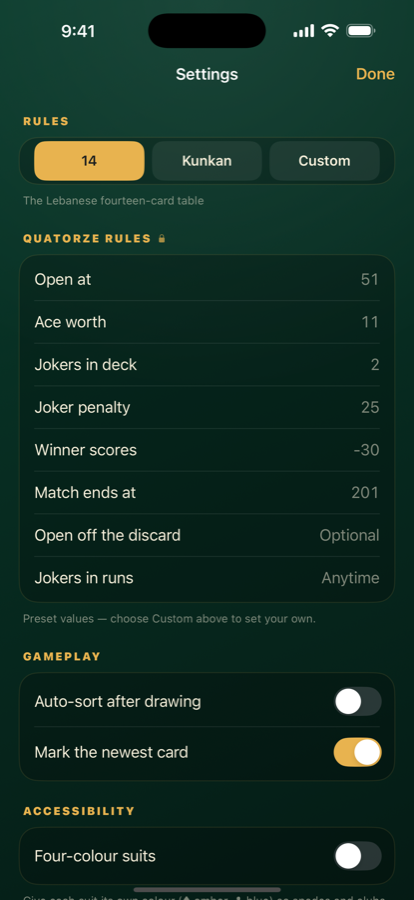 Qamar settings screen showing the rule set picker and custom rule values.